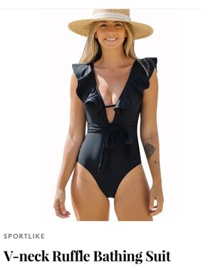 Black V-Neck Ruffle One-Piece Swimsuit
